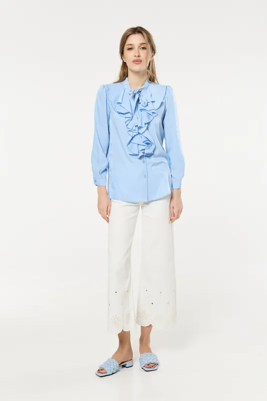 Blue Ruffle Tie-Neck Blouse