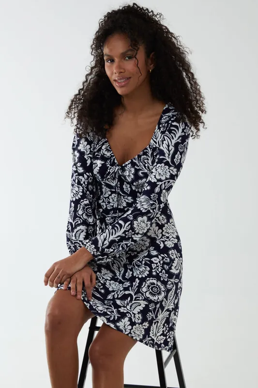 Elasticated Sweetheart Neck Mini Dress - Blue Vanilla