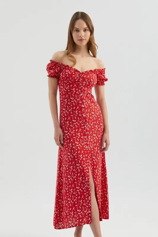 Floral Sweetheart Neck Balloon Sleeves Maxi Dress with a Side Slit - Hiccup