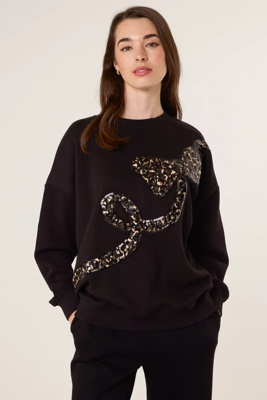 Black Leopard And Sequin Bow Sweatshirt - Blue Vanilla