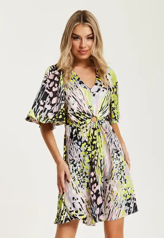 Multicolour Abstract Print Mini Dress With Cut Out Front - Liquorish
