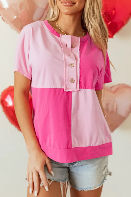 Pink Two Tone Half Buttons Collared T Shirt - Everyday The Label