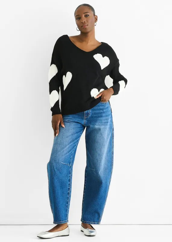 Black V Neck Oversized Heart Knit Jumper - Gini London