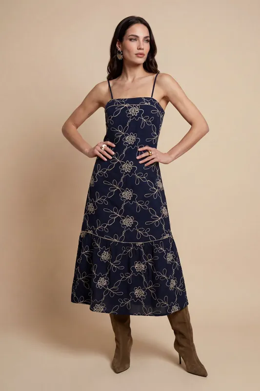 Embroidered Maxi Dress Navy - Urban Bliss