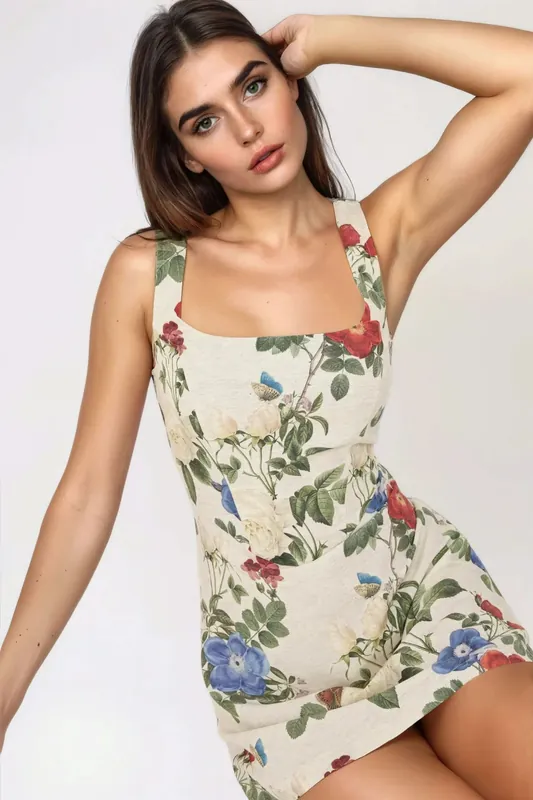 Square Neck Flower Pattern Linen Feel Mini Dress - Hiccup
