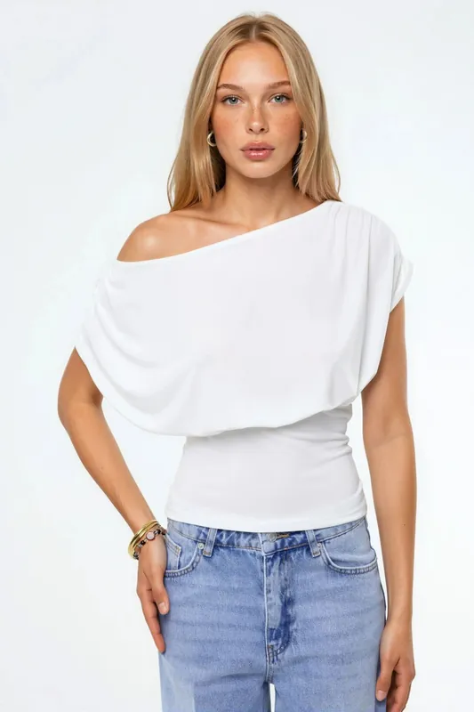 Asymmetrical Neck Short Sleeve Knit Blouse - Hiccup