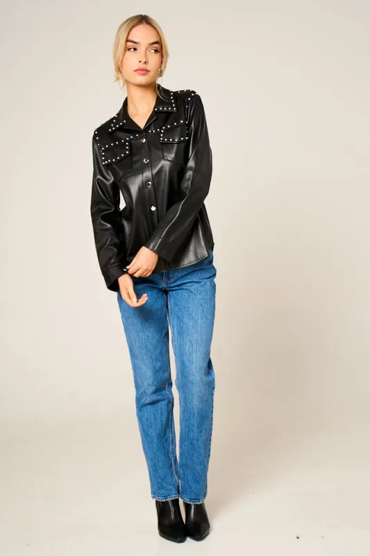 PU Long Sleeve Stud Button Up with Pocket Detail - Femme Luxe