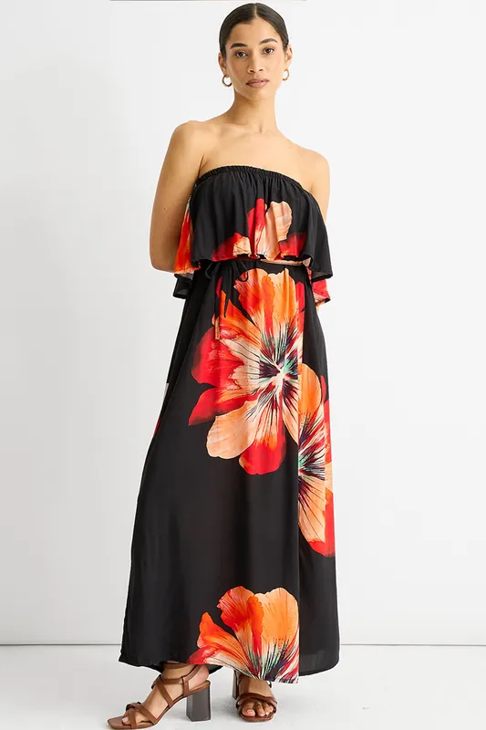 Black Bardot Ruffle Slit Viscose Midi Dress - Gini London