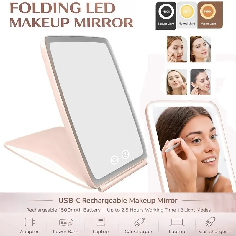 Rechargeable Travel Makeup Vanity Mirror with LED Lights, Portable Mirror with Stand Touch Screen Led Mirror Makeup Light up - ATEK