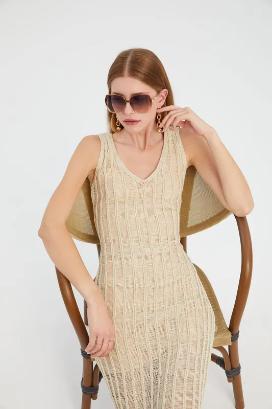 Knitted Striped V Neck Midi Dress with a Back Cut Out - Hiccup