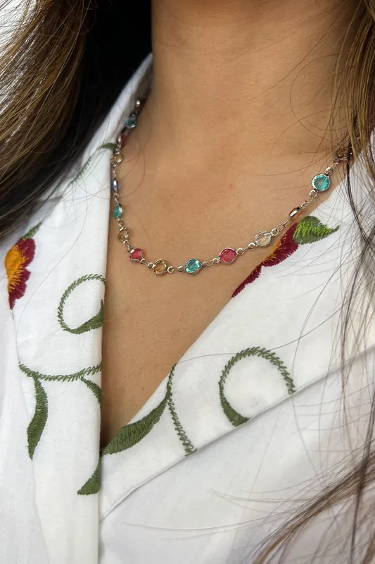 Crystal Chain Necklace in Multi - Stainless Steel - Gift Boxed
