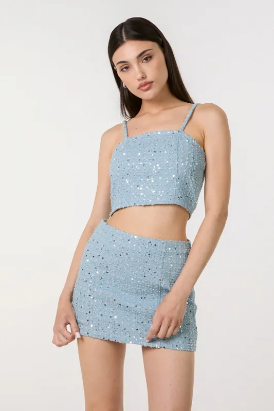 Light Blue Sequin Embellished Denim Top - Pink Vanilla
