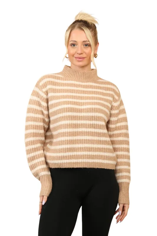Cosy Striped Jumper with Mock Neck – Soft Acrylic Knit - ELAINA FASHION