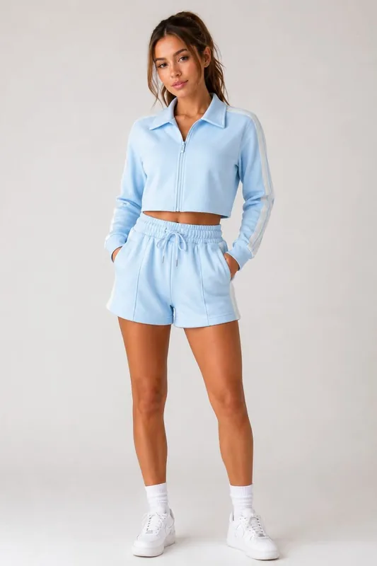 2 Pack Side Stripe Top and Drawstring Shorts Set - Fleece - Co-ord - L