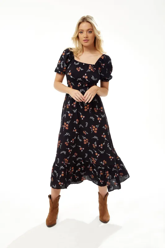 Floral Print Cut Out Back Midi Dress - Liquorish