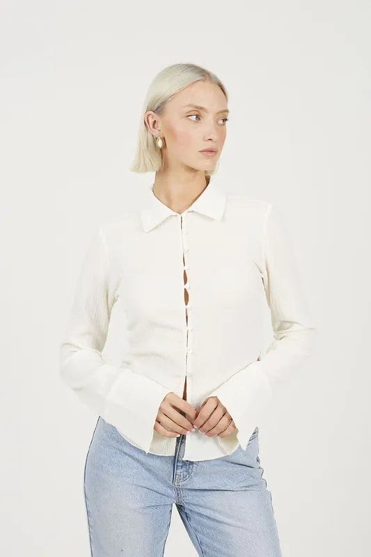 Long Sleeve Button Through Collared Blouse - Brave Soul