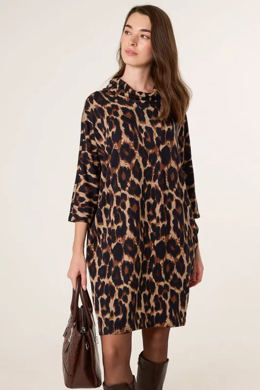 Brown Leopard Print Draped Cowl Neck Tunic Dress - Blue Vanilla