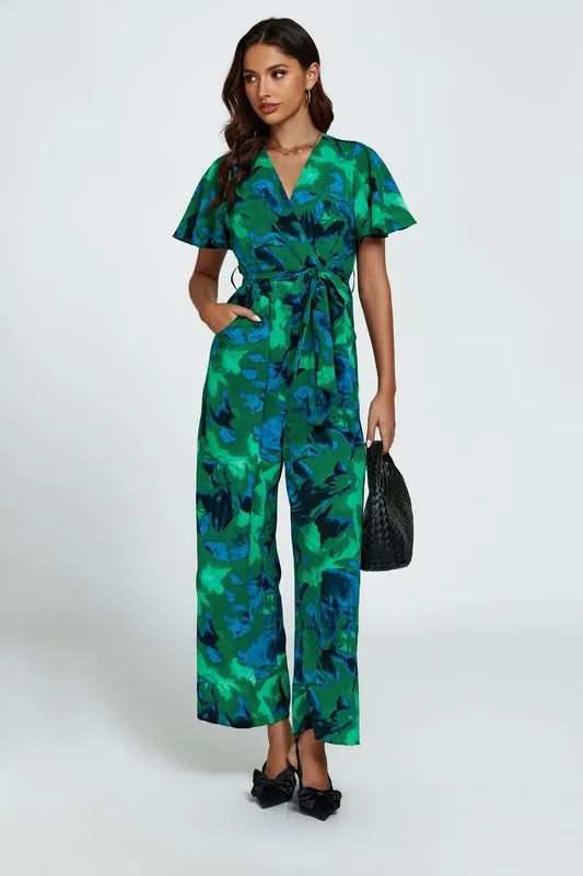 Abstract Print Wrap Top Jumpsuit In Green - FS Collection