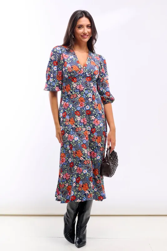Multicoloured Floral Satin Midi Dress - Needs No Label