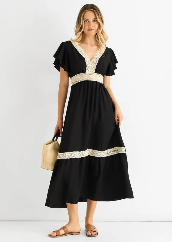 Black Crochet Lace Panel Elasticated Waist Midi Dress - Gini London
