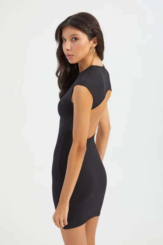 Crew Neck Cap Sleeve Mini Bodycon Dress with a Back Cut Out - Hiccup