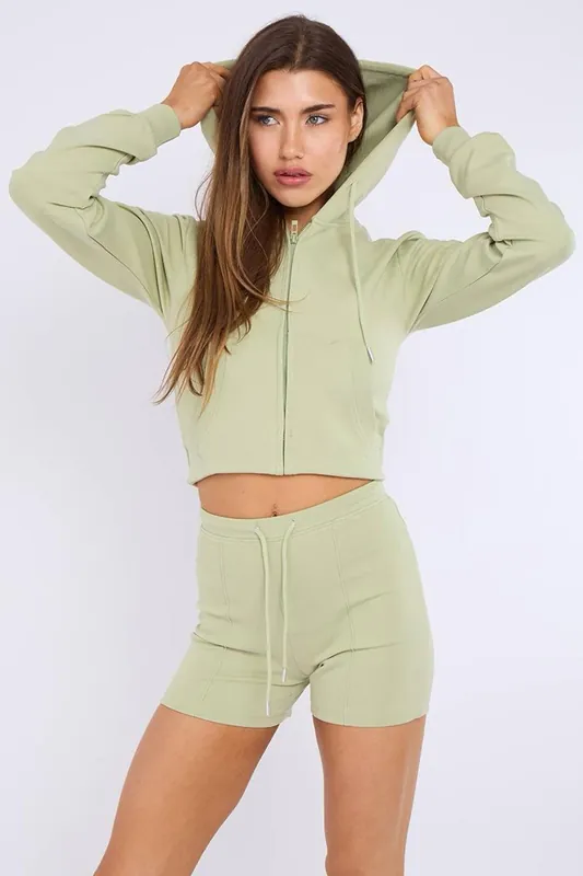 Zipped Hooded Crop Top and Seam Detail Shorts Fleece Co-ord