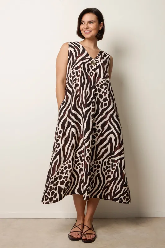 Brown Animal Print V Neck Dress - Blue Vanilla