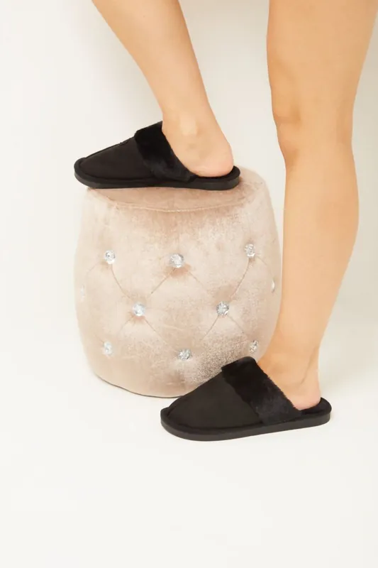 Black Suede Teddy Faux Fur Lined Slippers - Femme Luxe