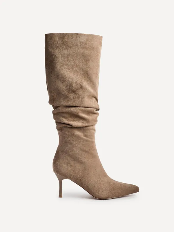 Rosenna Beige Faux Suede Ruched High Leg Heeled Boot - Linzi