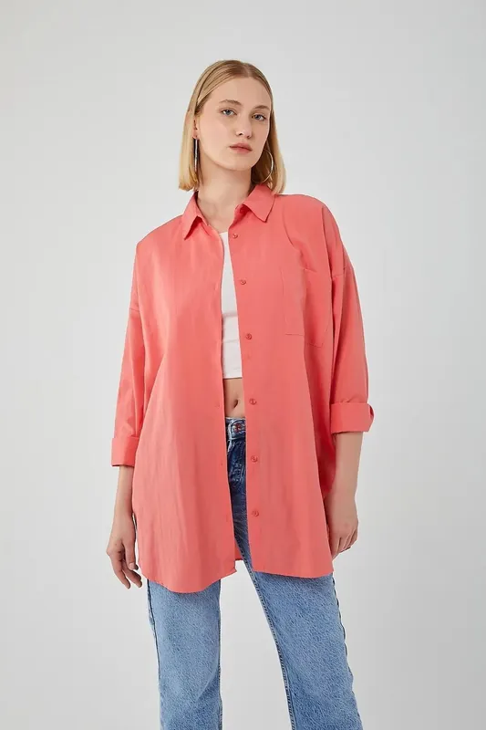 Oversized Long-Sleeve Button-Up Poplin Shirt