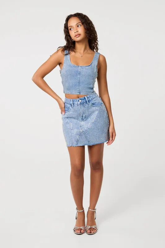 Light Blue Diamante Denim Skirt - Pink Vanilla
