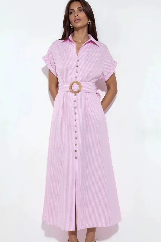 Striped V-neck Midi Shirt Dress with Belt