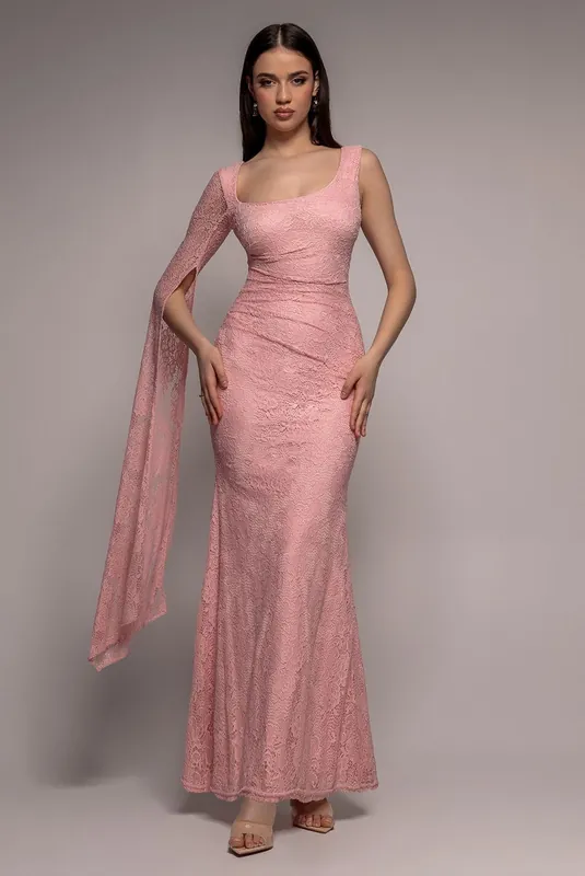 One Shoulder Cape Sleeve Pleated Lace Maxi Dress - Goddiva
