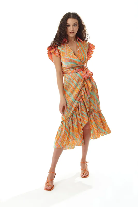 Midi Wrap Dress in Orange Scribble Print with Frill Details - Liquorish