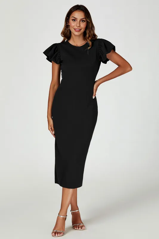 Ruffle Sleeve Bodycon Midi Dress In Black - FS Collection