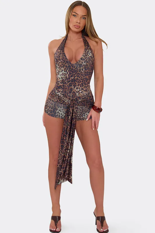 Sleeveless Tie Halter Neck Leopard Print Playsuit - EGO