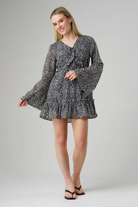Floral V Neck Angel Sleeve Mini Dress - Wednesday's Girl