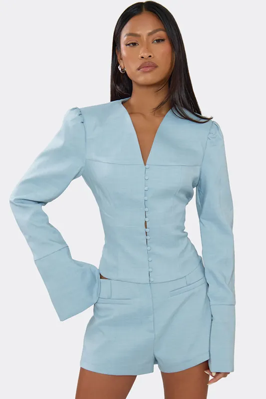 Tailored Long Sleeve Button Up V-neck Blazer
