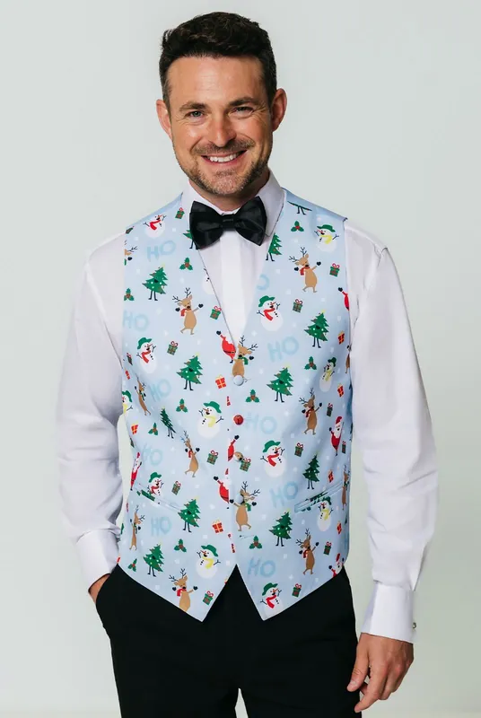 Pale Blue Festive Snowy Christmas Waistcoat - Dobell