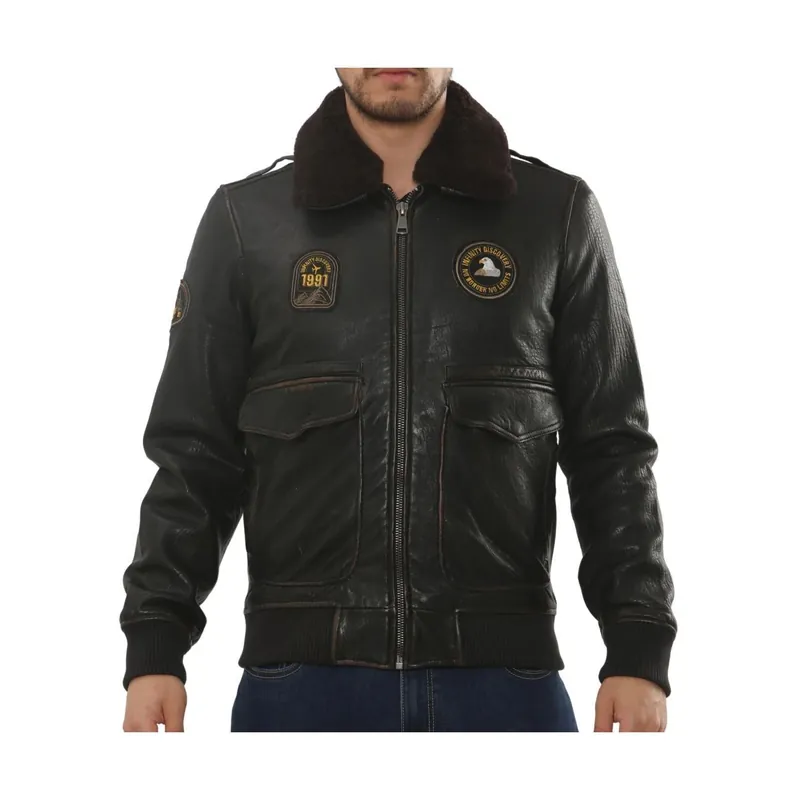 Leather Bomber Jacket Fur Collar Aviator Coat - TruClothing