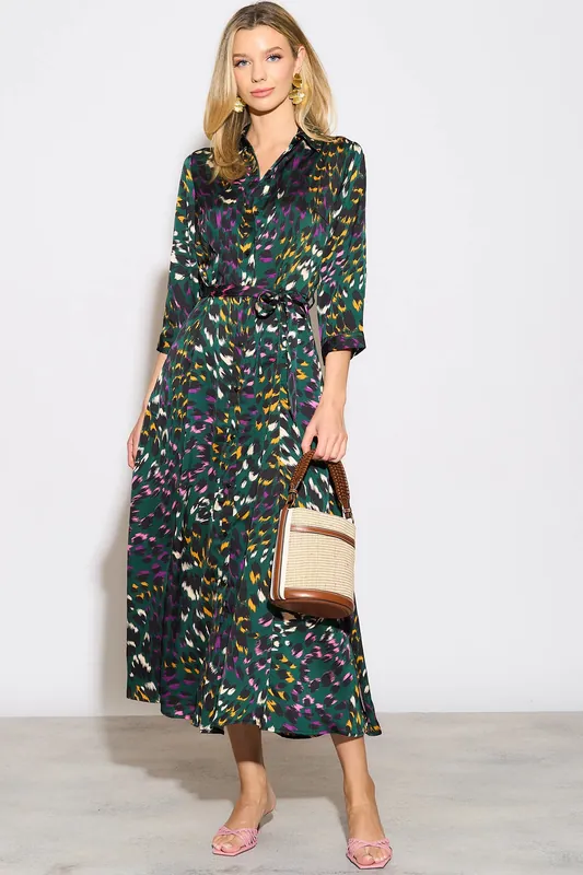 Emerald Leopard Print Satin Maxi Shirt Dress - Love Sunshine