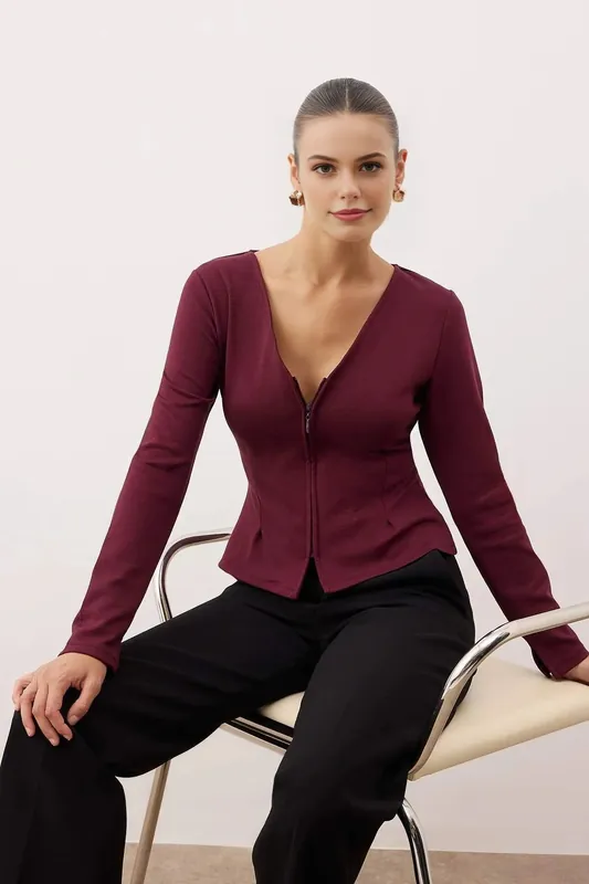 V Neck Zip Front Long Sleeve Knitted Blouse - WOVCOR