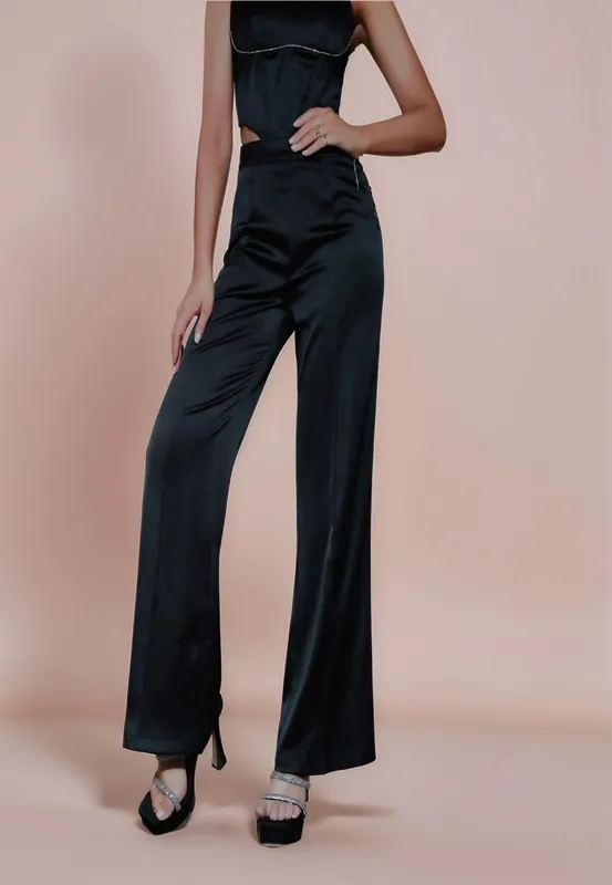 Black Satin Wide Leg Trousers - Divine Grace