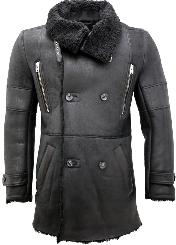 Double Breasted Sheepskin Reefer Coat-Candon