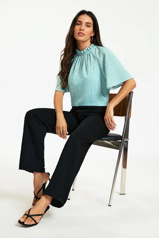 Polka Dot Ruffle High Neck Short Sleeve Blouse - FS Collection
