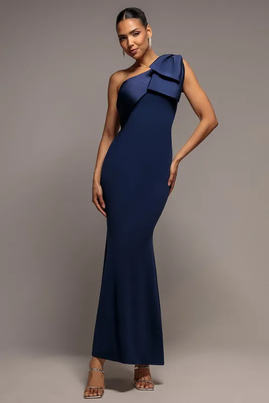 One Shoulder Satin Ribbon Scuba Crepe Maxi Dress - Goddiva
