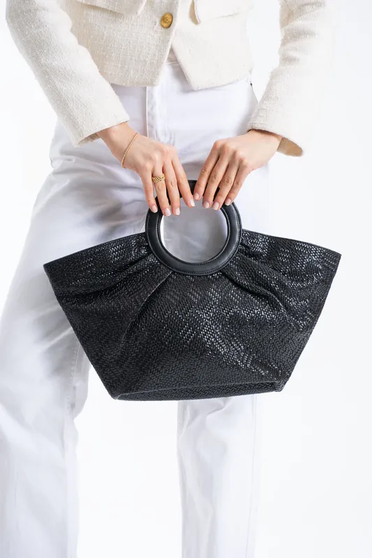 Textured Pu Leather Top Handle Tote Bag - Belissh