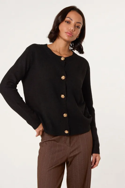 Black Gold Flower Buttons Cardigan - Blue Vanilla