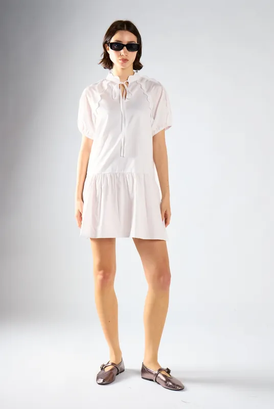 White Tie-Neck Smock Mini-Dress