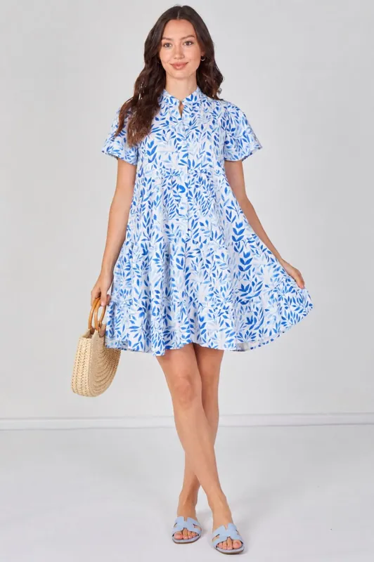 Sky Blue Leaf Print Tiered Mini Dress - Love Sunshine